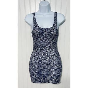 Free People Sheer Lace Printed Long Tank Top Lettuce Hem Sleeveless Blue Small‎